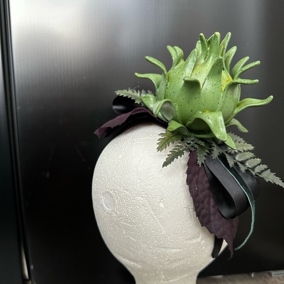 Handmade Designer Fascinator Headband Black Green Purple Thistle Artichoke Bow - Picture 5 of 16